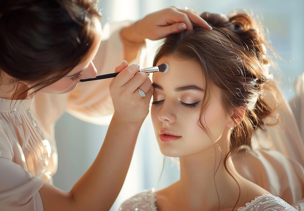 Photo of makeup artist doing bridal woman elegant makeup