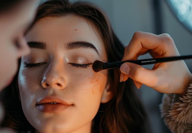 Photo of makeup artist doing bridal woman elegant makeup