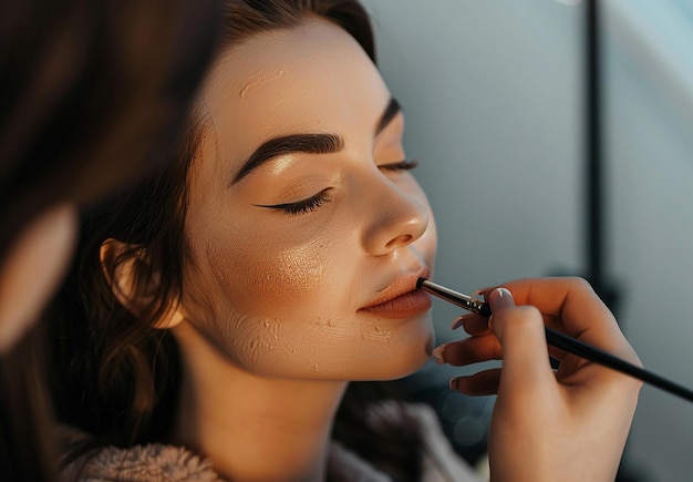 Photo of makeup artist doing bridal woman elegant makeup