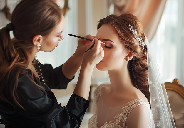 Foto foto di un truccatore che fa il trucco elegante alla sposa