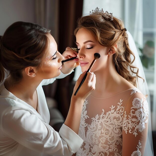 Foto foto di un truccatore che fa il trucco elegante alla sposa