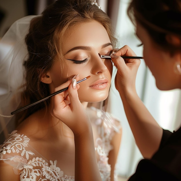 Фото макияжистки, делающей элегантный макияж для невесты