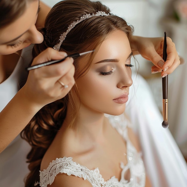 Photo of makeup artist doing bridal woman elegant makeup