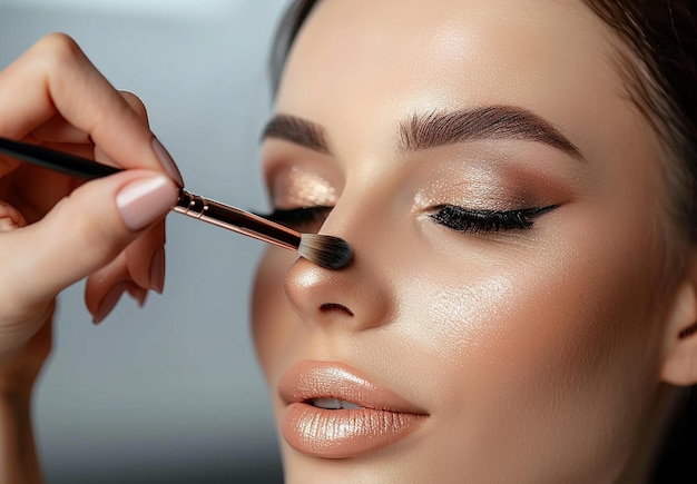 Photo of makeup artist doing bridal woman elegant makeup