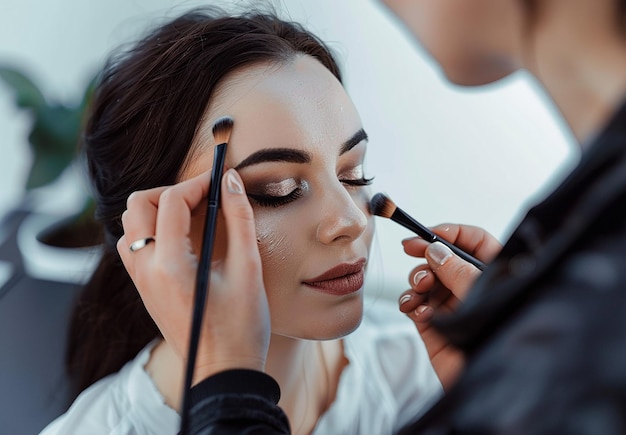 Photo of makeup artist doing bridal woman elegant makeup