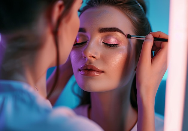 Photo of makeup artist doing bridal woman elegant makeup