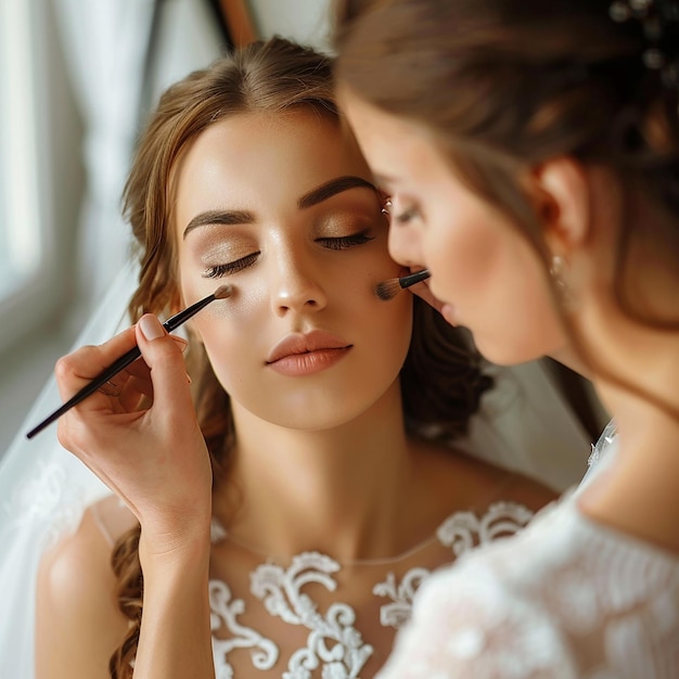 Photo of makeup artist doing bridal woman elegant makeup