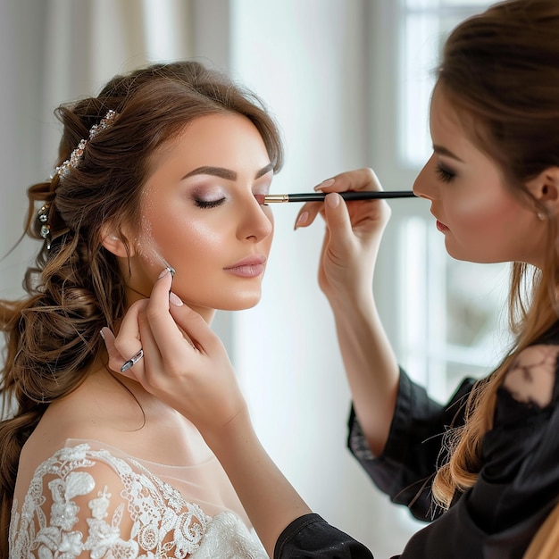 Photo of makeup artist doing bridal woman elegant makeup