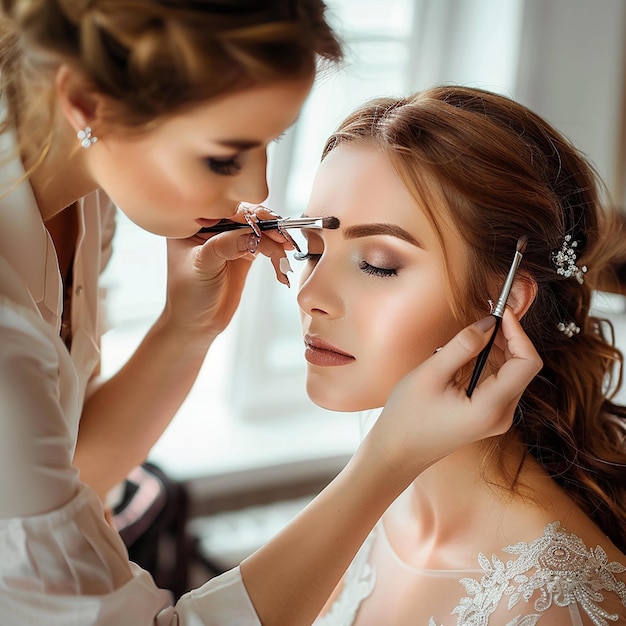 Foto foto di un truccatore che fa il trucco elegante alla sposa