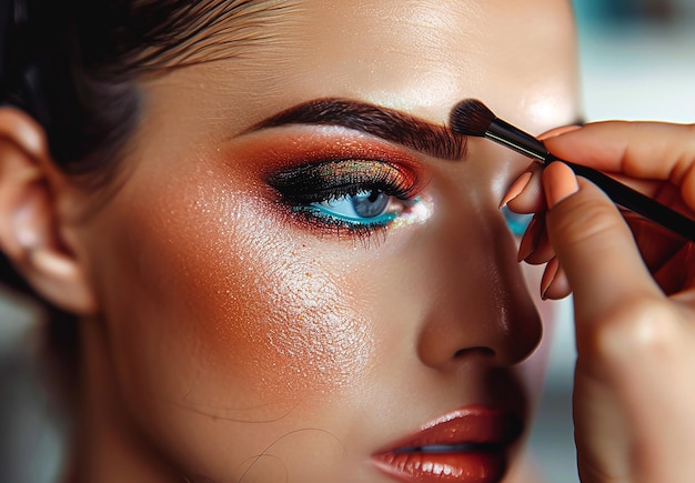 Photo of makeup artist doing bridal woman elegant makeup