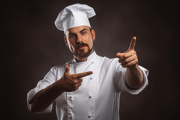 photo male chef in white uniform making tasty sign against gray background