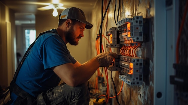 写真 AI によって生成された電気接続ケーブルを使用して配電盤で作業する男性の電気技師