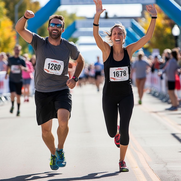 Photo photo of male and female runner crossing the finish line generative ai