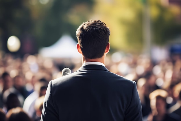 Photo photo of a male giving speech and a crowd in background high quality photo