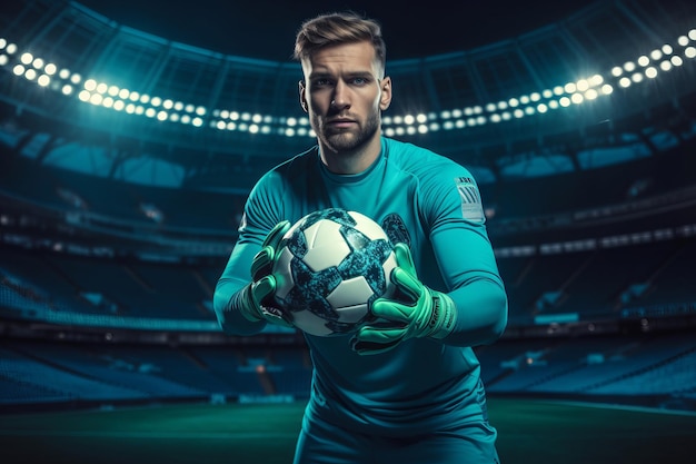 Photo of a male goalkeeper posing while holding a ball in a stadium