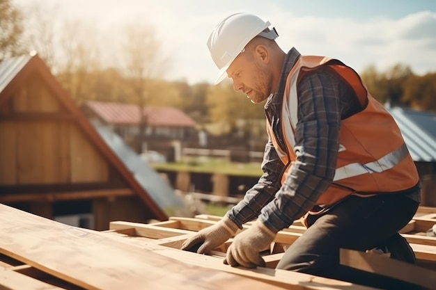 한 남자 지붕공 이 집 지붕 의 목조 구조 를 강화 하는 과정 에 있는 사진 한 중년 백인 남자 가 목조 프레임 하우스 를 건설 하는 일 을 하고 있다