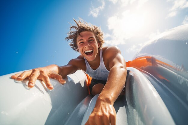 Photo of male teen on water tube slide High quality photo