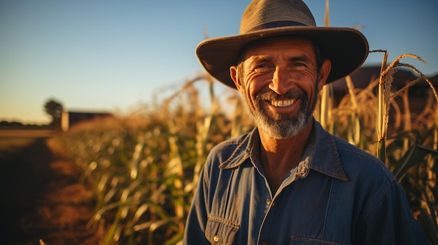 photo male wearing a shirt on a beautiful cornfield on a sunset generated by AI