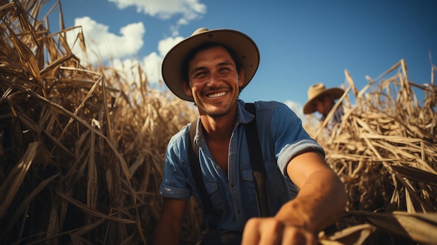 photo male wearing a shirt on a beautiful cornfield on a sunset generated by AI