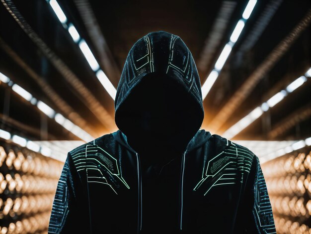 네온 불빛 생성 AI를 갖춘 서버 데이터 센터실에서 검은색 후드티를 입은 남자 사진