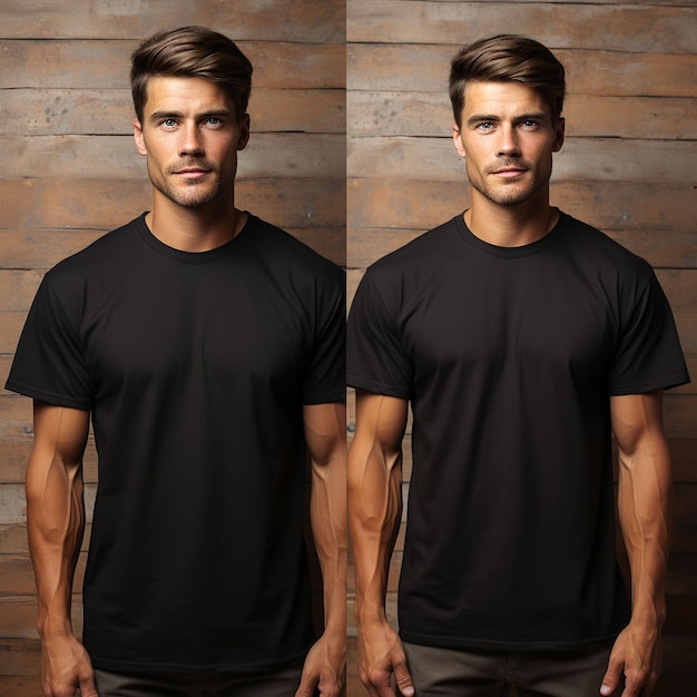 photo man in blank black tshirt front and back vie