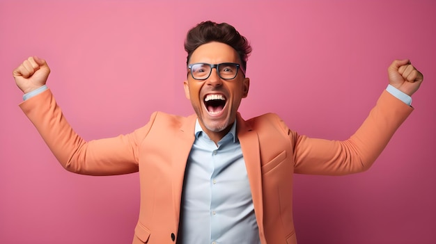 Foto foto di un uomo che celebra il successo ed esprime felicità con un grande sorriso sul viso