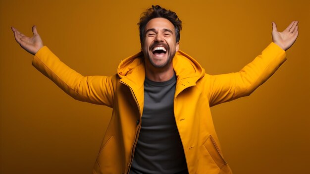 Foto foto di un uomo che celebra il successo ed esprime felicità con un grande sorriso sul viso