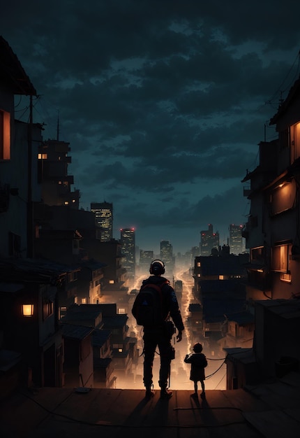 Photo of a man and a child walking down a street at night