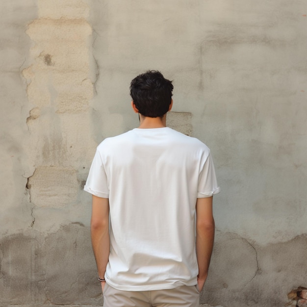 A photo of a man from behind wearing white blank tshirt and vintage wall background