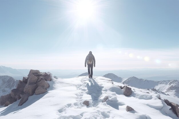 Photo of a man hiking through snowy mountains in the morning