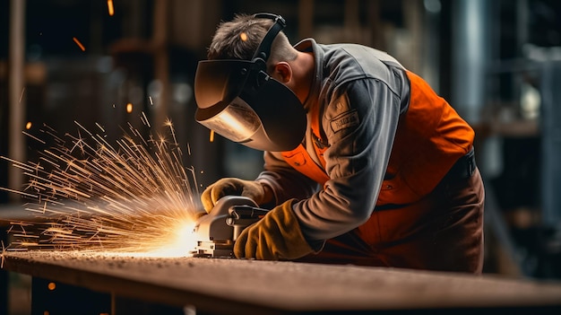 photo man holding angle grinder and polishing metal with sparksAI Generated