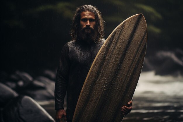 photo man holding his surfing board