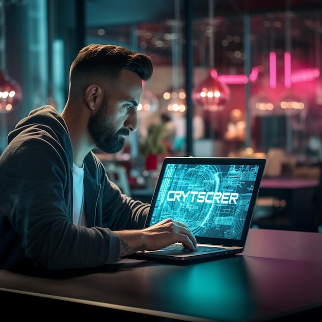 サイバーセキュリティと書かれた画面の前でラップトップで働いている男性の写真