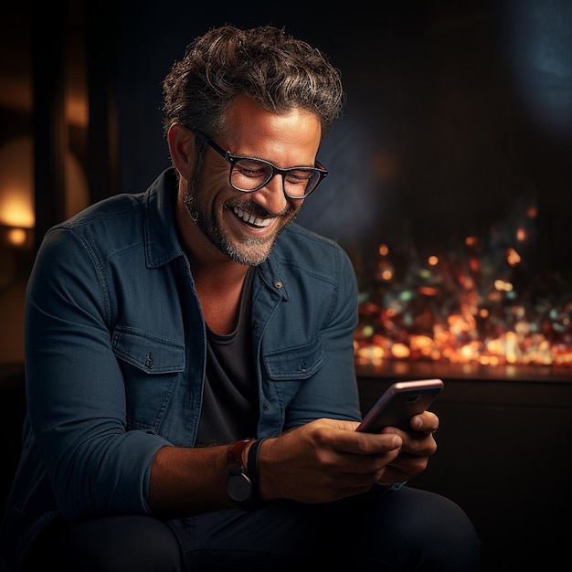 a photo of a man looking at the phone and smiles