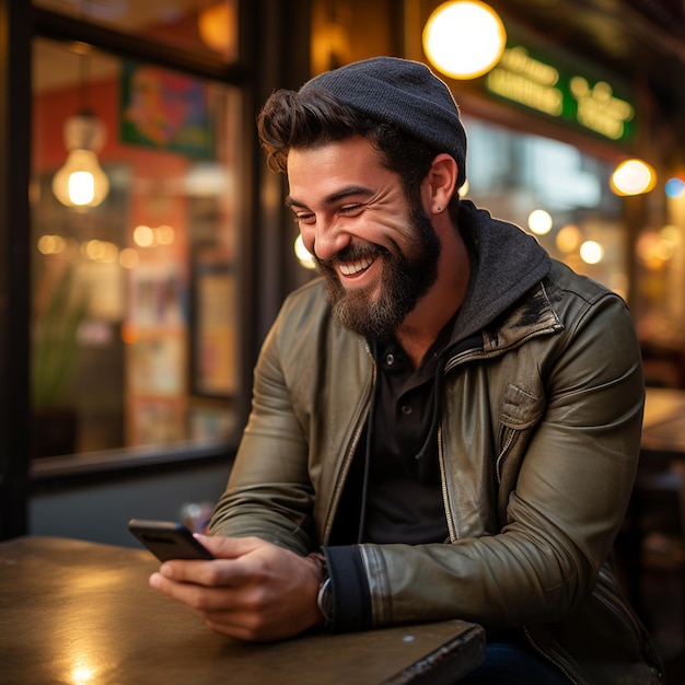 photo of man looking at the phone and smiles