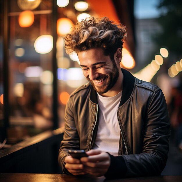 photo of man looking at the phone and smiles