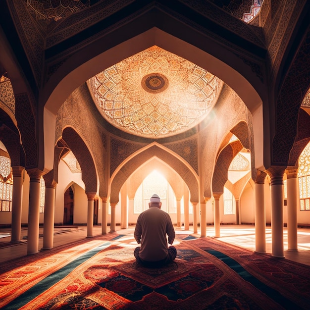 Photo a man praying in the mosque