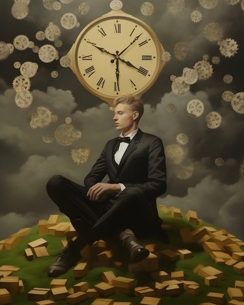 Photo photo man sitting front of clock concept of losing time and trap in business surreal art ai