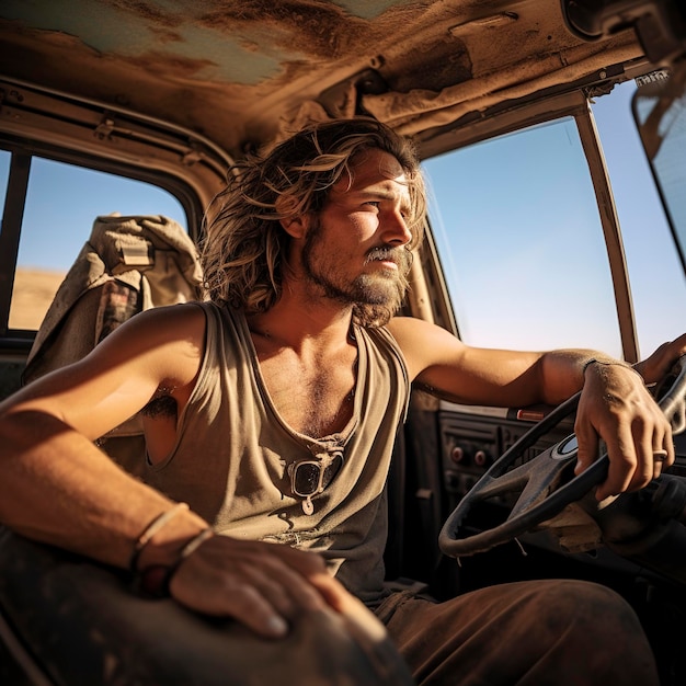 photo of a man sitting in a wrecked car