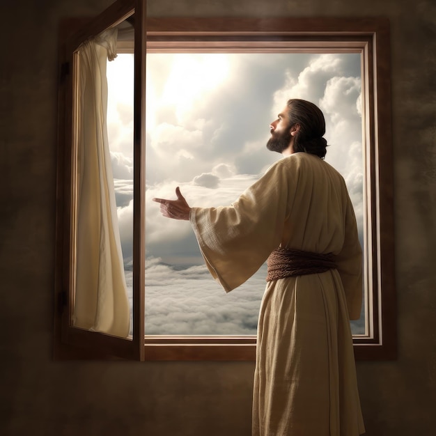 PHOTO A man standing in front of a window with the sky in the background