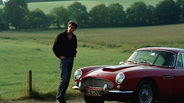 Photo photo of the man standing next to a sports car in the countryside