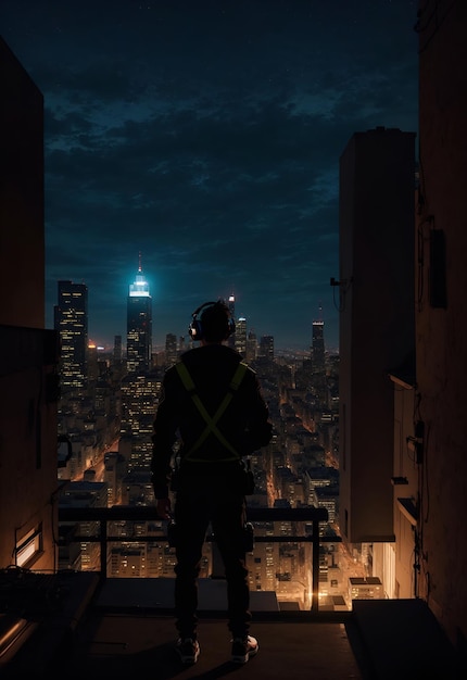 Photo of a man standing on top of a building at night