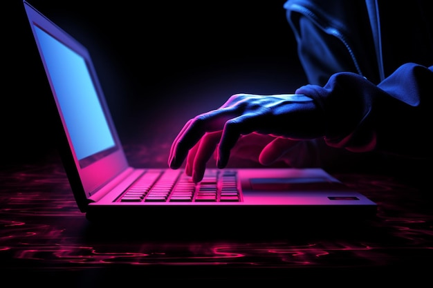 Photo photo a man uses a laptop closeup male hands in neon lighting