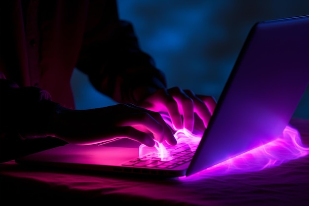 Photo photo a man uses a laptop closeup male hands in neon lighting