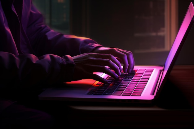 Photo a man uses a laptop closeup male hands in neon lighting