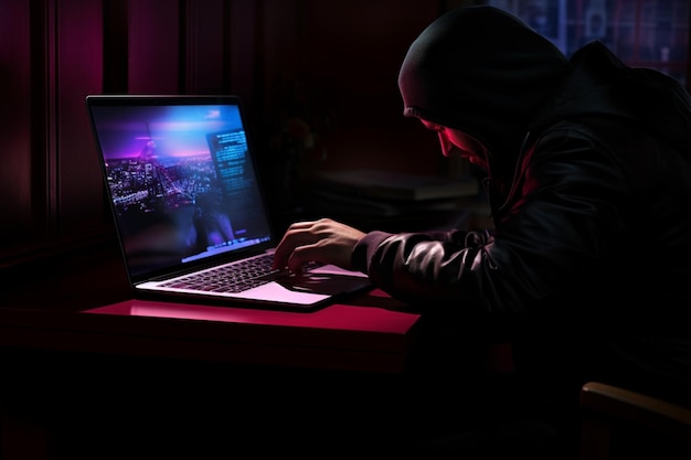 Photo photo a man uses a laptop closeup male hands in neon lighting