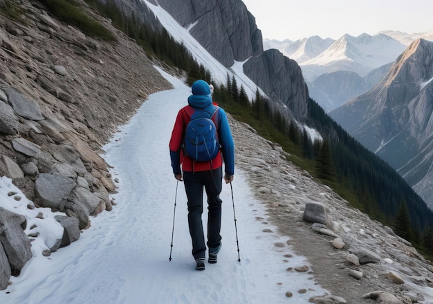 Foto foto di un uomo che cammina sulla montagna