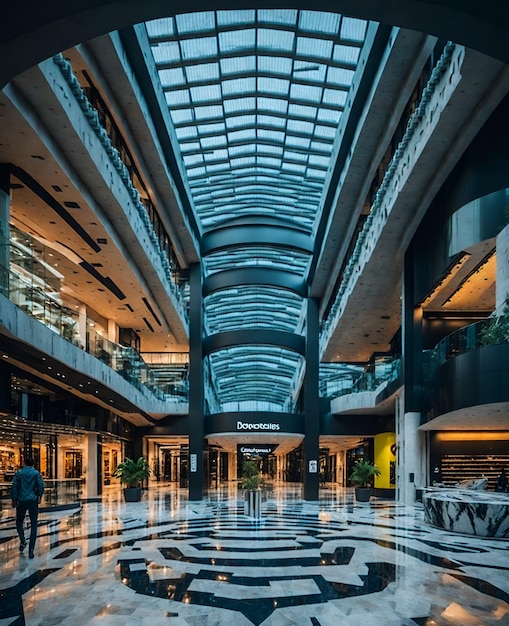 Photo of a man walking through a luxurious building lobby