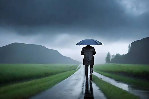 Photo a man walks down a wet road with an umbrella AI