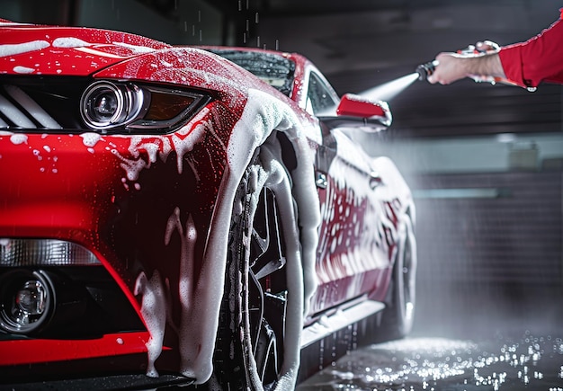 Photo photo of man washing cleaning a dirty car in car service center